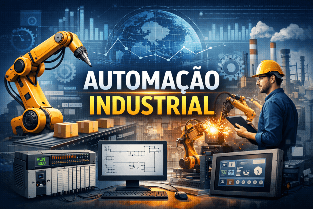 Automação industrial com CLP, robótica industrial e programação ladder em ambiente industrial moderno