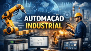 automacao-industrial-clp-programacao-industrial Automação industrial com CLP, robótica industrial e programação ladder em ambiente industrial moderno